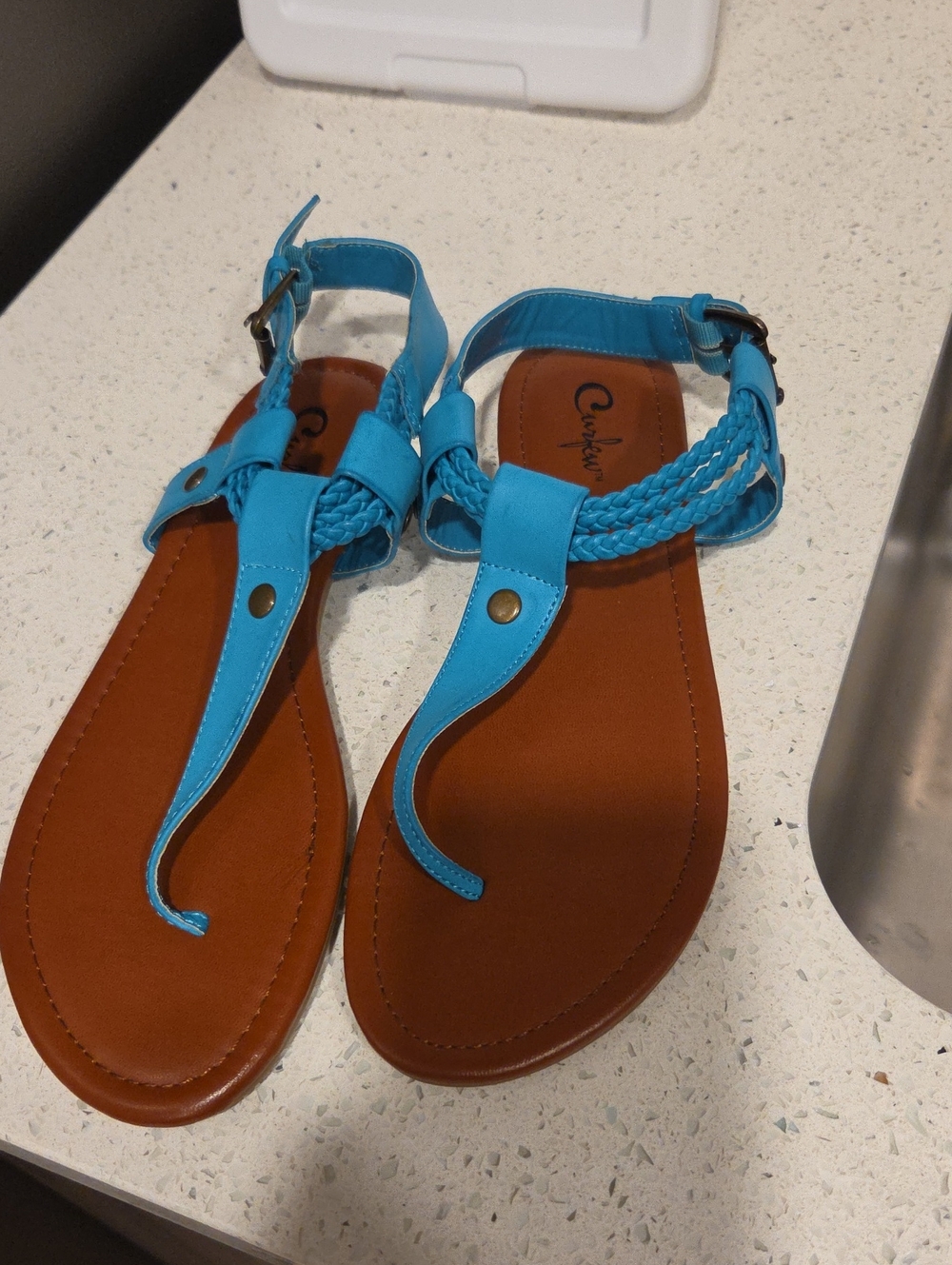 Curfew Bright Turquoise Braided T-Strap Sandals